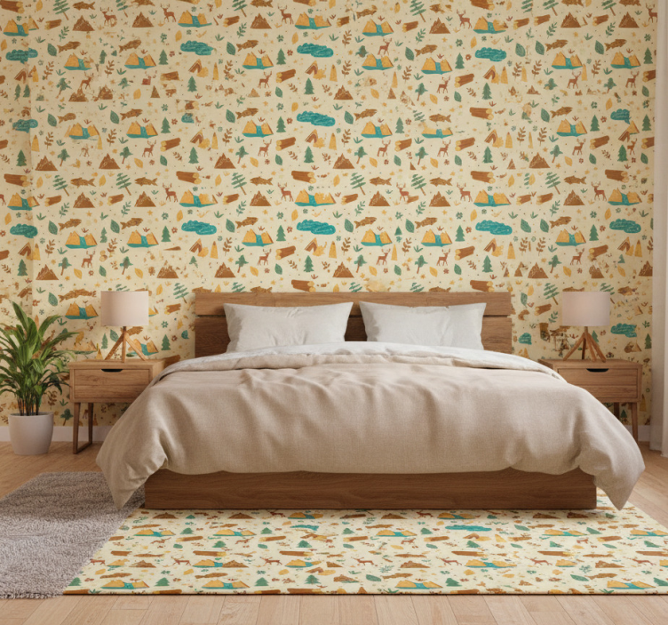 Slaapkamer behang handgetekende kampeertijd bergen - TenStickers