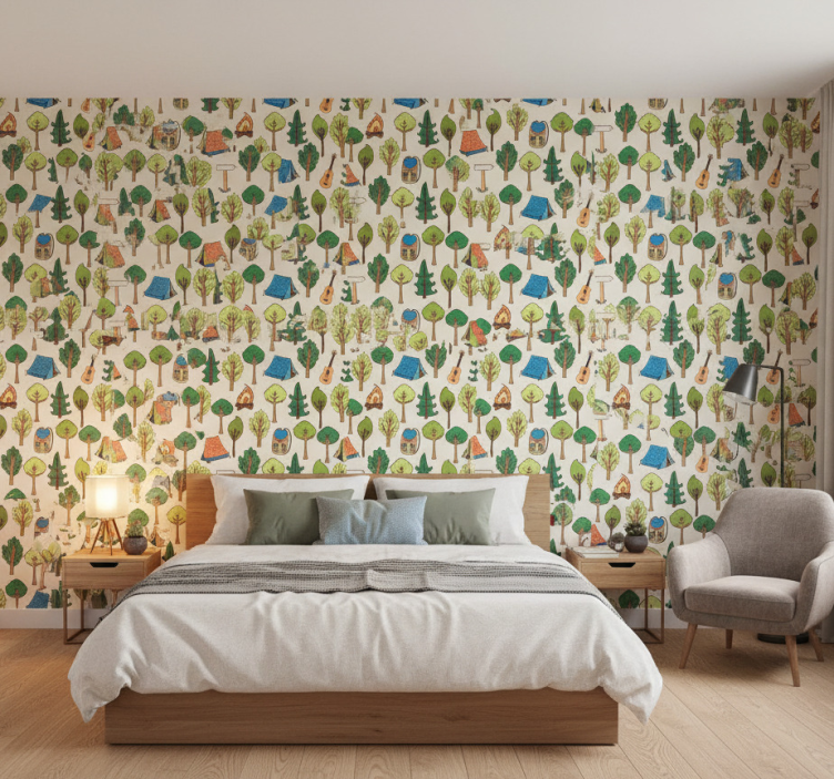 Slaapkamer behang kampeerspullen gitaren zaklamp bijen - TenStickers