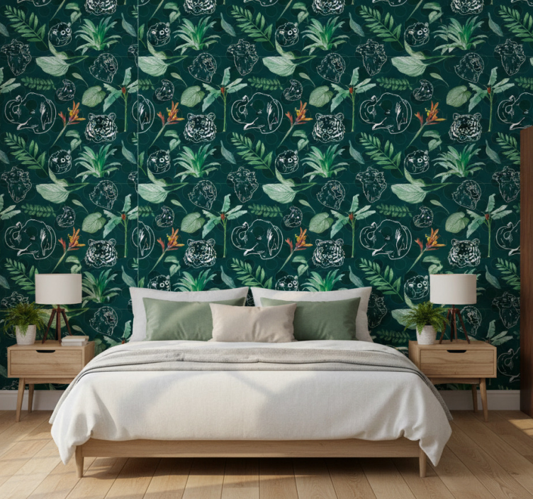 Slaapkamer behang kleurrijke jungle dieren en bomen patroon - TenStickers