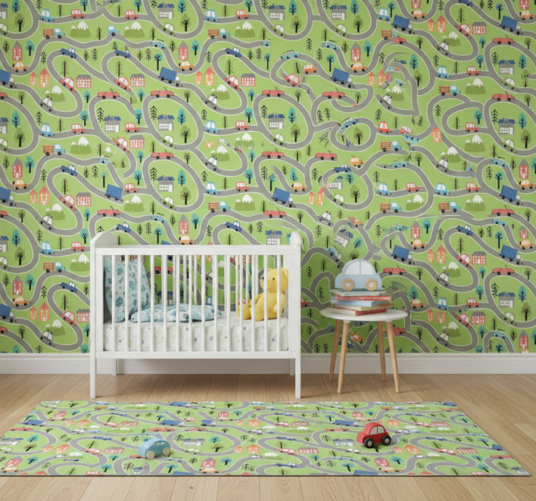 Slaapkamer behang kleurrijke straat met raceauto's - TenStickers