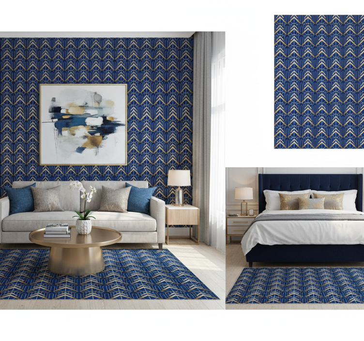 Slaapkamer behang modern kunst blauw en gouden patroon - TenStickers
