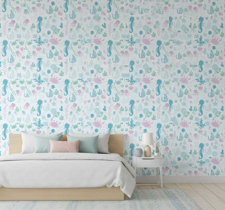 Slaapkamer behang pastel kleur zee dieren en planten - TenStickers
