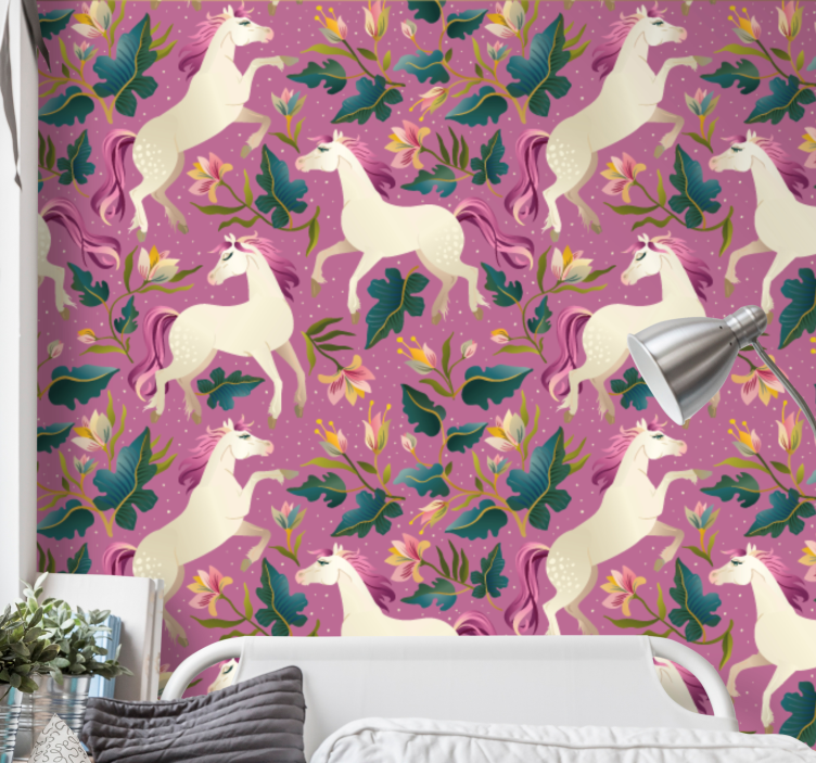Behang slaapkamer Roze en bloemen paardenontwerp - TenStickers