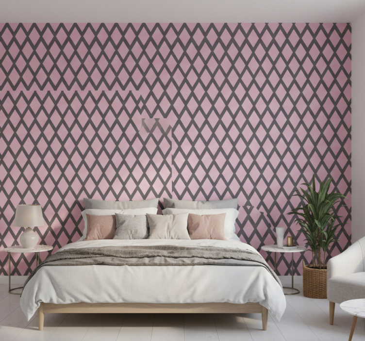 Slaapkamer behang roze en grijze ruiten design - TenStickers