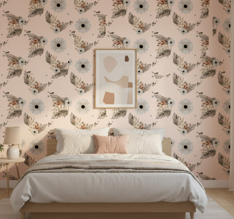 Slaapkamer behang roze en zwarte pastel bloemenpatroon - TenStickers