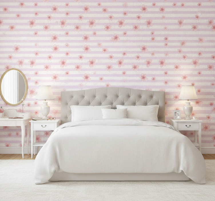 Slaapkamer behang shabby chic met verticale roze lijnen - TenStickers