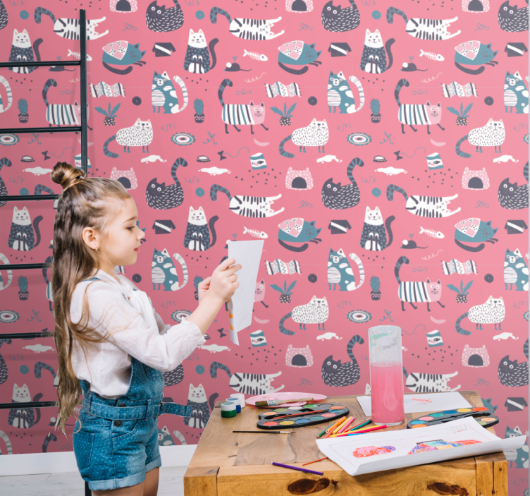 Speelse kattenillustratie katten behang - TenStickers