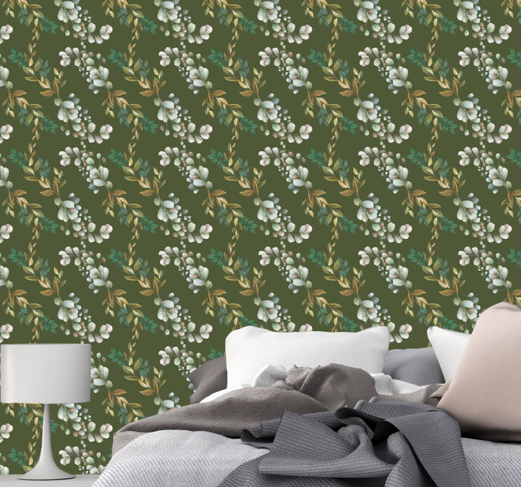 Groene bloesemcompositie behangpapier hoofdslaapkamer - TenStickers