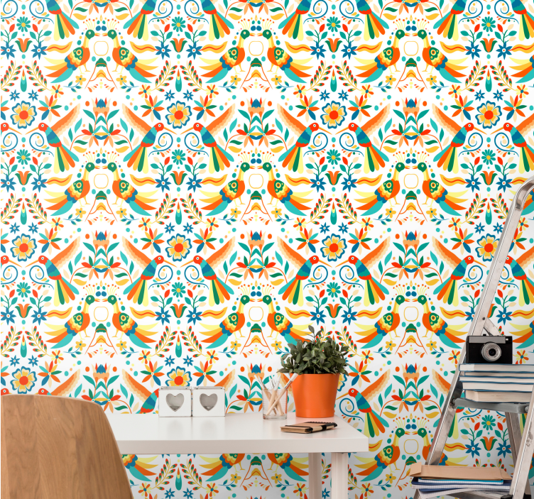 Traditioneel patroon behang vogels - TenStickers