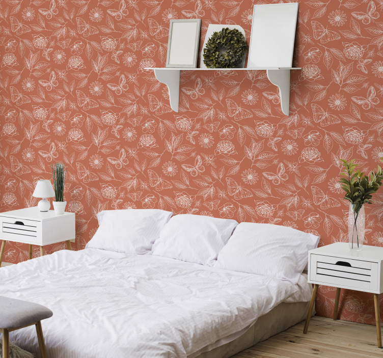 Vlinder bloemmotief behangpapier hoofdslaapkamer - TenStickers