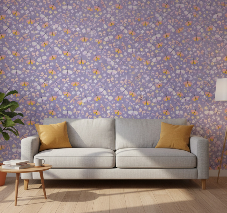 Vlinders behang paarse elegante bloemen - TenStickers