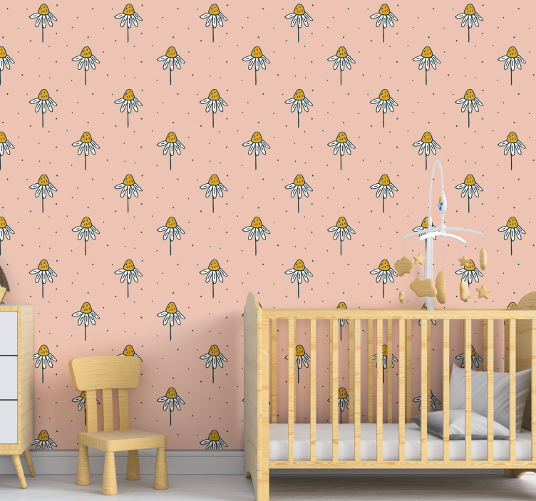 Madeliefjespatroon op roze achtergrond babykamer behang - TenStickers