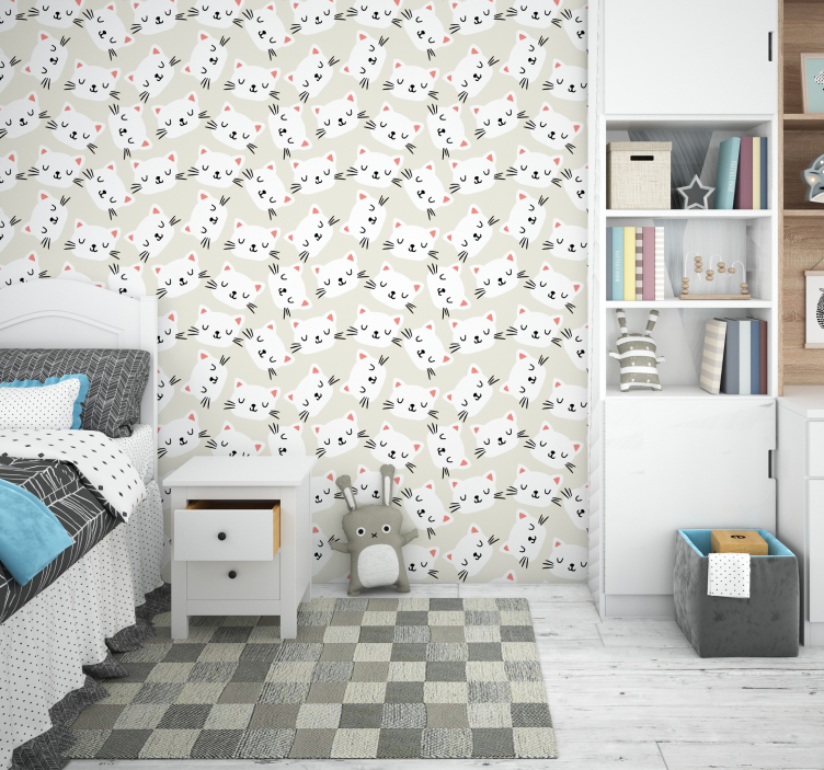 Witte katten gezicht cartoon behang kinderkamer - TenStickers