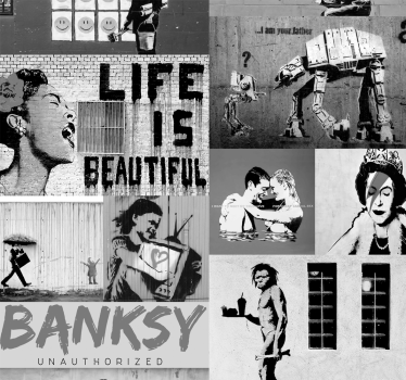 Kunst behang Banksy kunst collage zwart wit - TenStickers