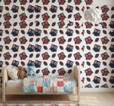 Behangpapier kinderkamer blauw en rode uilen patroon - TenStickers