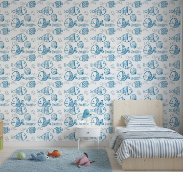 Behangpapier kinderkamer blauwe vissen op witte achtergrond - TenStickers