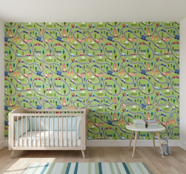 Behangpapier kinderkamer kleurrijke voertuigen wegen - TenStickers