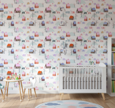 Behangpapier kinderkamer olifanten en huizen - TenStickers