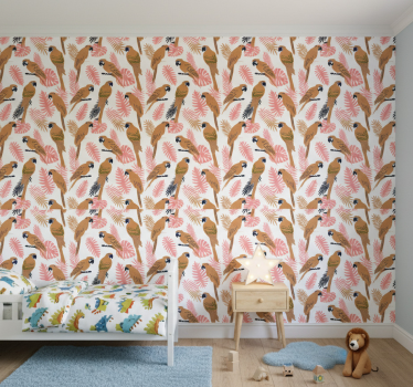 Behangpapier kinderkamer oranje papegaaien met roze bloemen - TenStickers