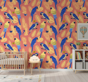 Behangpapier kinderkamer papegaaien en vlinders op bladeren - TenStickers