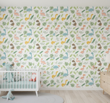 Behangpapier kinderkamer pastel kleur bos met dinosaurussen - TenStickers