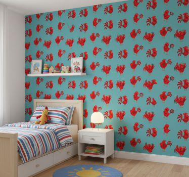 Behangpapier kinderkamer rode hennen op blauwe achtergrond - TenStickers