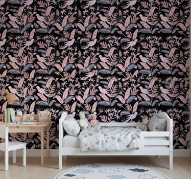 Behangpapier kinderkamer zwarte en roze vogels op bladeren - TenStickers