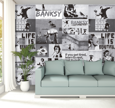 Kunst behang Banksy kunst collage zwart wit - TenStickers