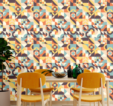 Retro gekleurde rode mozaïek behang geometrisch - TenStickers