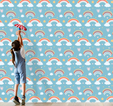 Speelse regenboogwolken babykamer behang - TenStickers