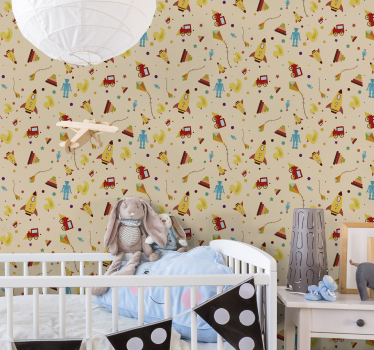 Speelse robots raketten babykamer behang - TenStickers