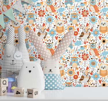 Uilen bloemenpatroon babykamer behang - TenStickers