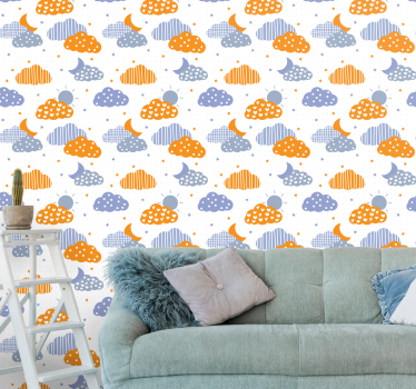 Blauwe en oranje wolken en zon behangpapier kinderkamer - TenStickers